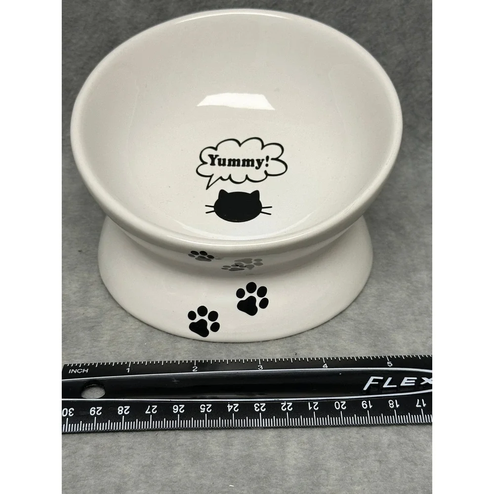Unbranded Elevated Ceramic Pet Bowl White Tilted Cat Feeder Paw Prints Yummy